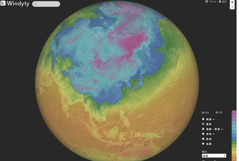 北極震盪和極鋒噴流的模擬動畫 Windyty01