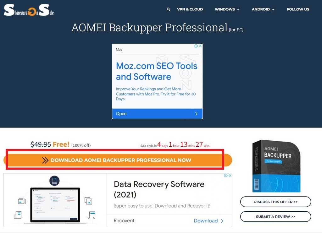 AOMEI Backupper 專業備份軟體 限時免費中